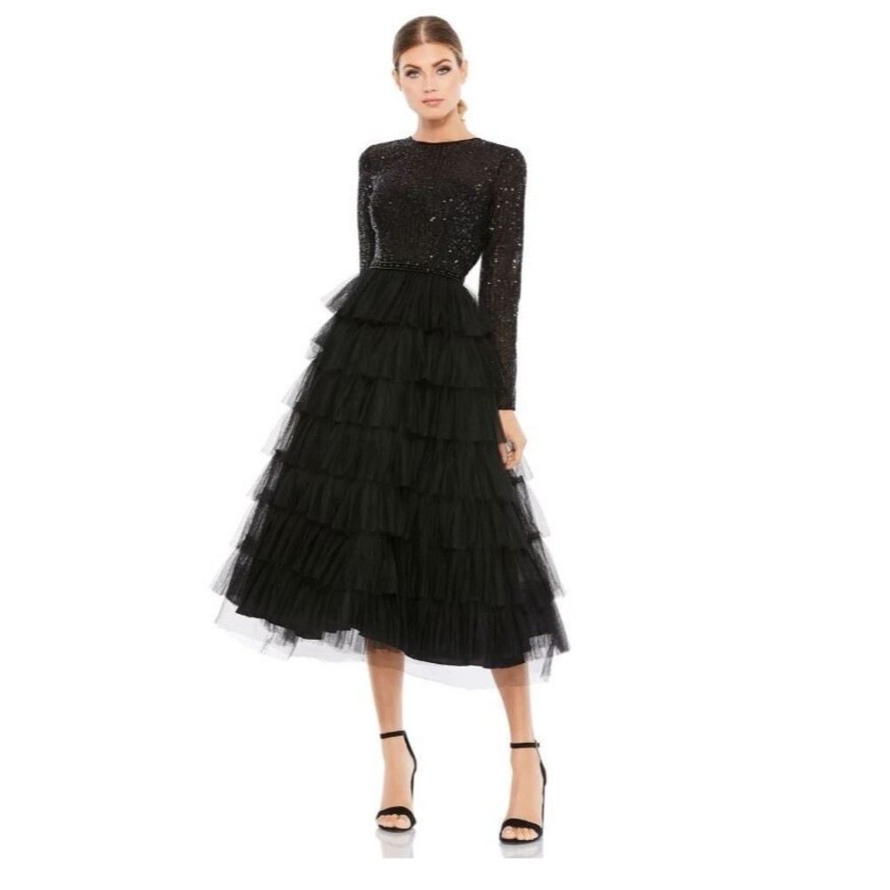 NWT Mac Duggal Long Sleeve Tiered Midi Dress Sequin Tea Length Sz 10 Black 26299